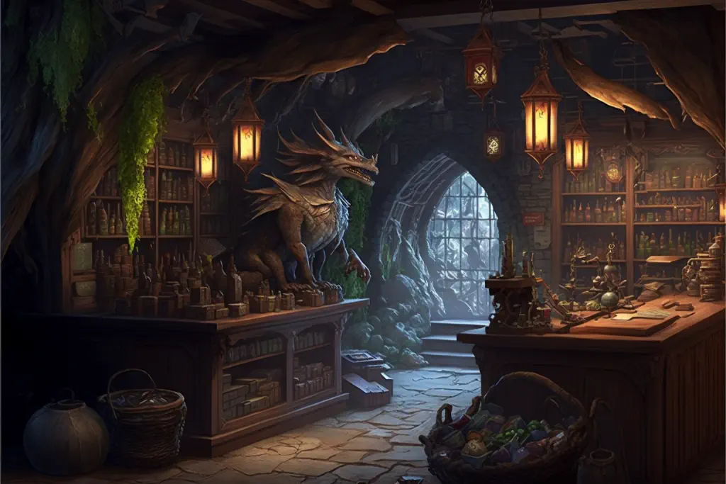 Fantasy shop interior illustration by Michael Dickinson for Venture Forth V